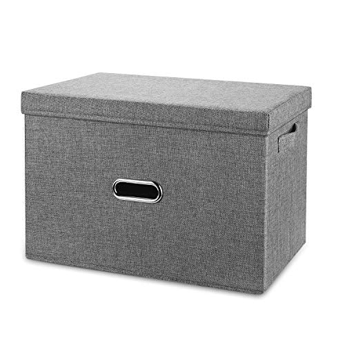 Large Linen Collapsible Storage Bins with Removable Lids and Handles, Washable Storage Box Containers Baskets Cube with Cover for Bedroom,Closet,Office,Living Room,Nursery (Grey, Large) - color: Grey, size: Large