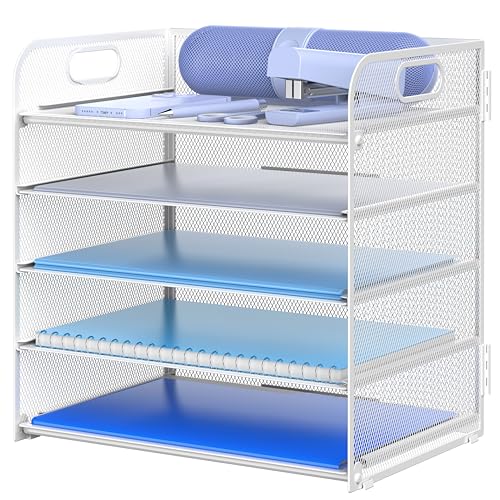 Letter Tray Paper Organizer 5-Tier Desk Organizer File Organizer Paper Holder with Handle, Metal Desktop Document Shelf Tray Office Classroom Organization - White - color: White