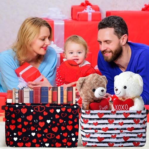 Geelin 3 Pcs Valentines Baskets Storage Valentine's Day Basket for Gifts Collapsible Waterproof Canvas Red White Black Heart Storage Bin Organizer with Handles for Book Closet Shelf Nursery Decor - style: Valentines Red White Black