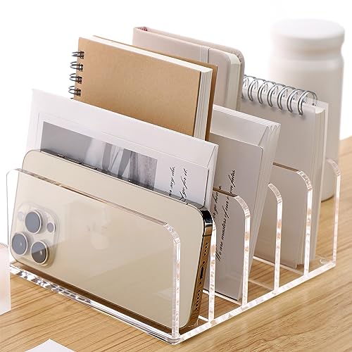 SANRUI Acrylic Desk Organizer, 5 Compartments Mail Organizer,Small File Holders Letter Organizer,Clear Office Organization,Multifunction Sorter Envelope Rack for Office,Home, School - style: 5 Sections