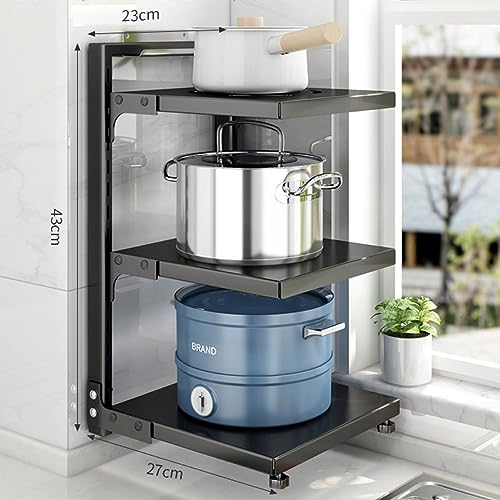 Pots and Pans Organizer for Cabinet Black Adjustable 3 Tier Pot Organizer Rack Under Sink or Floating Shelf Heavy Duty Kitchen Storage Organizers Pot Lid Organizer - color: Black, size: 3 Tier