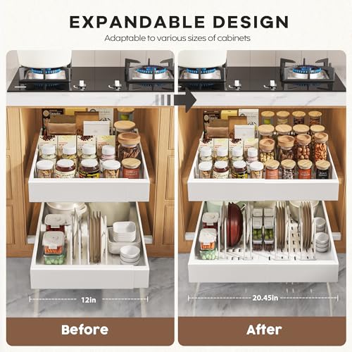Seinloes 6 Pack Pull Out Cabinet Organizers 21" Deep With Raising Pad for Framed Cabinets, Expandable Slide Out Drawers with 4pcs Divider Racks, Roll Out Shelves, Adjustable Width 12"-20.45" White - color: White, size: 12"-20.45"Wide x 21"Deep(6 Pack)