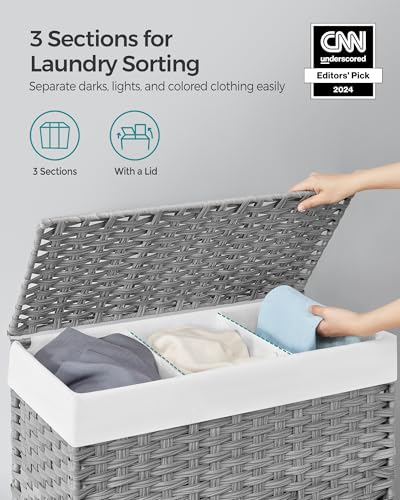 SONGMICS Laundry Hamper with Lid, 37 Gallons (140 L), Rolling Laundry Basket with Wheels, 3-Section Synthetic Rattan, Removable Liner, Bedroom, 26 x 13 x 26 Inches, Gray ULCB363G01 - color: Gray, size: 140 L