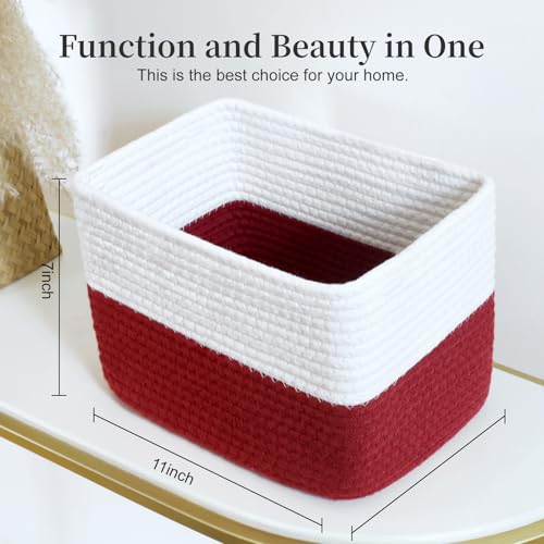 Hopegiver 3 Pack Rainbow Woven Storage Baskets for Shelves, 11x8x7 Inch Cotton Rope Decorative Organizer Bins for Blanket Clothes Book Baby Pet, Colorful Toy Basket for Playroom, Kids Room, Nursery - color: White Red, size: 11"x8"x7",3-Pack
