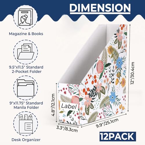 EXYGLO 12 Pack Magazine File Holder, Cardboard Magazine Rack with Label, Foldable Storage Organizer Box for Book, Documents, Floral Design, 9.9x3.3x12 Inches - color: Floral