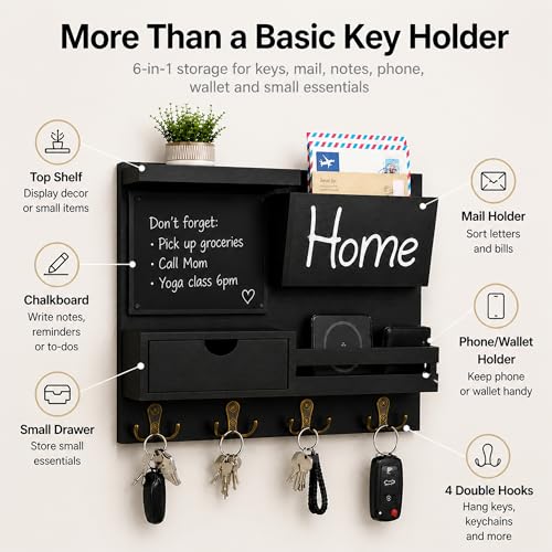 Dvobez Black Farmhouse Key Holder for Wall with Mail Organizer, 6-in-1 Entryway Organizer with Chalkboard, Drawer, Phone Wallet Holder, Top Shelf and 4 Double Hooks - color: Black