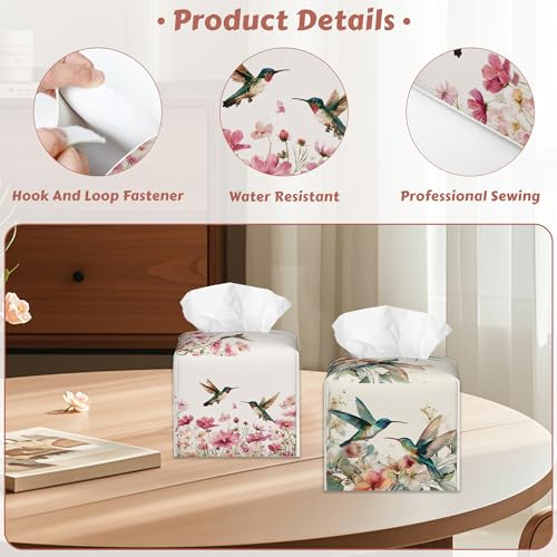 Colorful Hummingbird Floral Tissue Box Cover Square Leather Napkin Holder Facial Paper Case Decorative Tissues Cover for Home Kitchen Dining Bathroom Office, 2 Pcs - color: Colorful Hummingbird Floral