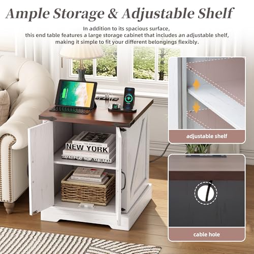 Farmhouse End Table with Charging Station, Rustic Wood Nightstand with Adjustable Shelf, 19.6"W Versatile Walnut Sofa Side Table with Barn Doors and Retro Hinges for Bedroom, Living Room (White-kk025) - color: White-kk025