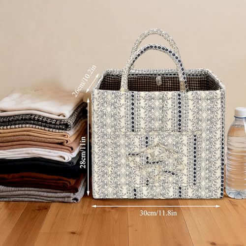 Quilted Fabric Basket Foldable Car Storage Boho Floral Laundry Basket Hamper for Nursery Bedroom & Living Room | Organize Clothes Toys - color: Blue-Print Vine
