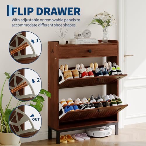 2-Door Flip Front Shoe Cabinet with Adjustable Shelves – Hidden Entryway Storage Organizer for Hallway, Foyer, Living Room – Freestanding Wooden Shoe Rack with Large Capacity & Modern Design, Walnut - color: Walnut, size: 9.45"D x 31.4"W x 43.4"H