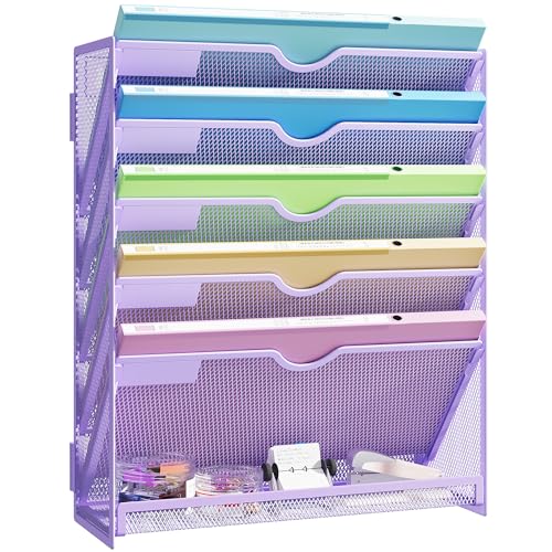 Hanging Wall File Organizer, 6-Tier Purple Desk Organizer with Metal Mesh, Foldable Document Organizer for Office Desk, Wall Mount Magazine Rack for Mail/Books/Tablet - color: Purple-1pack