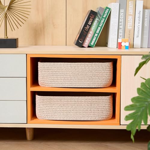 MiniArk Large Shallow Organizing Baskets 15x11x5.1 Inches - Rope Woven Storage Bins for Bathroom, Shelves, Cube Closet, Mixed Brown 2 Packs - color: Natural, size: 2pcs-L15×W11×H5.1"