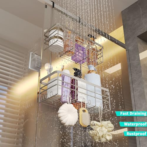HapiRm Hanging Shower Caddy Organizer - No Drilling Shower Organizer with Hooks, Rustproof & Waterproof 304 Stainless Steel Bathroom Shelves - Brushed Nickel - color: Brushed Nickel