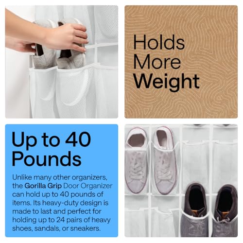 GORILLA GRIP Over the Door Shoe Organizer, 24 Extra Large Breathable Mesh Pockets, Space Saving Hanging Storage Holder, 4 Hook Closet Rack Hanger, Hangs on Closets for Shoes and Accessories, White - color: White, size: 24 Extra Large Pockets/4 Hooks