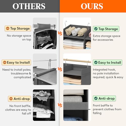 Lifewit Dual-Row Shelf Hanging Closet Organizer and Storage, Clothes Shelves with 3 Sturdy Hooks for Clothing Organization, Foldable Container Hold Up to 24 Sweaters, 4 Tier 8 Sections, Gray - color: Grey, size: 4-Tier