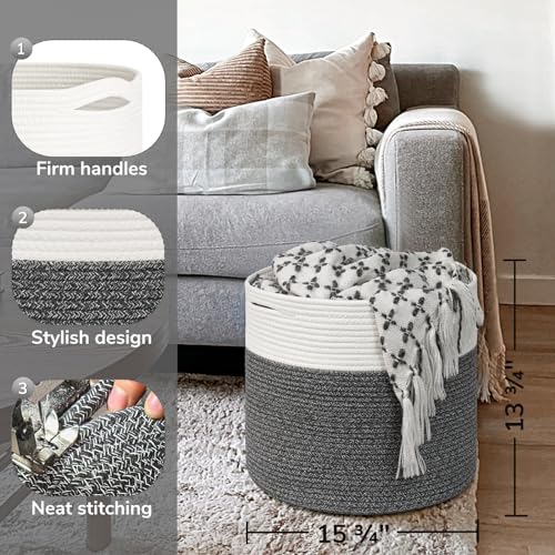 Goodpick Large Cotton Rope Basket, Blanket Basket Living Room 15.8"x15.8"x13.8" Baby Toy Storage, Woven Storage, Gray - color: White & Grey, size: 15.8x15.8x13.8 Inch (Pack of 1)