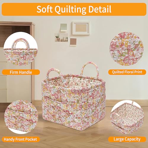 Quilted Fabric Storage Baskets with Handles, Boho Floral Gift Basket Foldable Organizer Bin for Home Decor, Picnic, Travel 12''x10''x10'' (Orange) - color: Orange