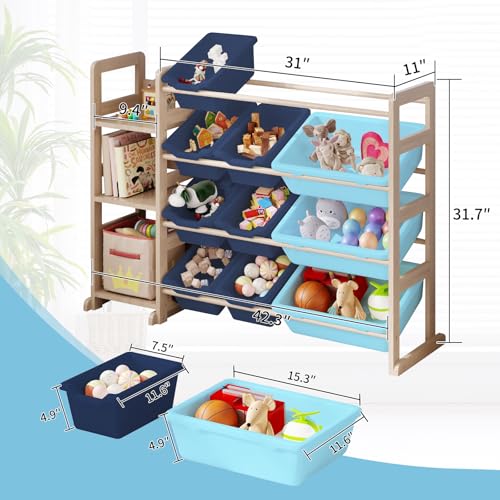 Toy Storage Organizer - Toy Organizers and Storage with Bookshelf, Toy Storage Shelf with 3 Shelves and 12 Storage Bins, Kids Bookshelf and Toy Storage for Kids Room, Playroom, Bedroom, Nursery, Blue - color: Blue, size: 42.2 inches (L) x 11 inches (W) x