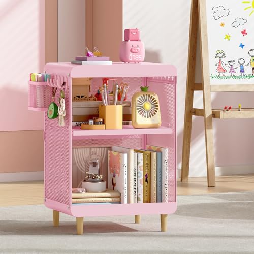 SYKIARIOL Kids Nightstand with Storage & Hooks, Cute Pink Bedside Table for Girls, Small Toddler Night Stand for Bedroom - color: Classic Pink