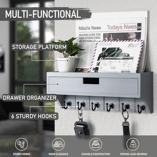 Rebee Vision Modern Pine Wood Key Holder Wall Mount with Drawer Organizer – Mail Organizer with 6 Key Hooks and Storage Drawer – Apartment Essentials for Entryway and Home Decor(Gray) - color: Gray, style: 1-Drawer
