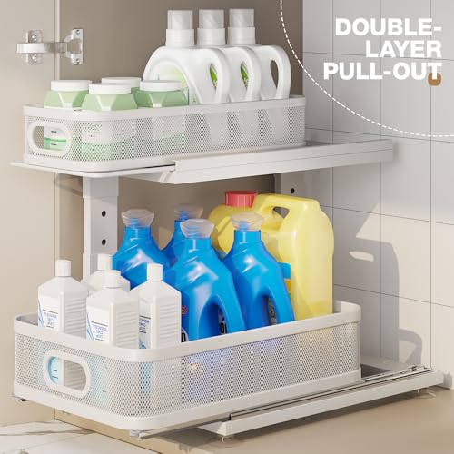2 Pack Under Sink Organizer With Next-Gen Ball-Bearing Slides,2-Tier Precision Mesh Pull Out Cabinet Drawers Storage for Bathroom&Kitchen,Height Adjustable Shelf,Rust-resistant-Patent Pending - color: White, size: 2 Pack-15.5"Dx12.4"-16.5"H
