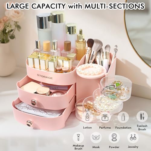Makeup Organizer Countertop with Drawers, Make up Organizers for Vanity, Skincare Jewelry Earring Organizers, Cosmetic Display Cases Makeup Storage for Bedroom & Bathroom, Ideal Gifts for Women(Pink) - color: Pink