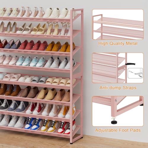 Large Shoe Rack 8 Tier Shoe Organizer, Heavy Duty Metal 4-Tier Stackable Shoe Storage Vertical Shoe Rack for Closet Front Door Entrance, Up to 50 Pairs, 44.8" W x 11.4" D x 56.7" H, Pink - color: Pink, size: 8 Tier