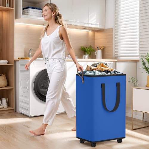 SpaceTrove Laundry Basket with Wheels, Collapsible Laundry Baskets, Laundry Hamper with Handles Detachable Wheels, Rolling Laundry Basket, Dirty Clothes Hamper for Bathroom, Dorm, Bedroom, Blue, 100L - color: Blue, size: 100L