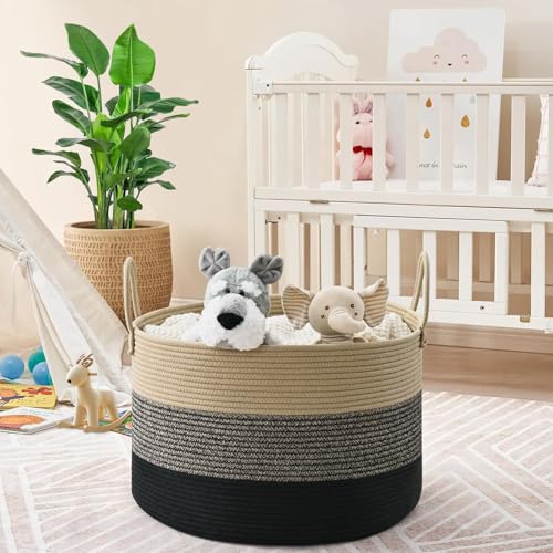 Extra Large Toy Basket, 20"x13" Kids Toy Storage for Playroom Classroom Nursery, Woven Rope Blanket Basket with Handles, Stuffed Animal Organizer & Dog Toys Basket, Black & Brown - color: Black & Brown - Wide