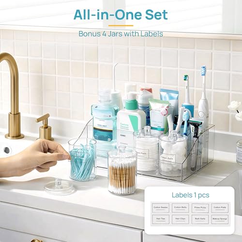 Vtopmart 5 PCS Bathroom Countertop Organizer, 1 Divided Tray with 4 Qtip Holder Jars, Restroom Clear Organizers for Toothbrush, Cotton Pads Balls, Floss, Bathroom Vanity Accessories Storage Set - color: Clear