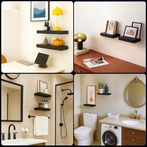 Floating Shelves Bathroom for Wall, Bathroom Shelves Over Toilet, Wall Shelves & Book Shelf, Hanging Shelf, Modern Wooden Wall-Mounted Small Floating Shelves, 12x7x1.5 in (Black, Set of 2) - color: Black, size: 12"(set of 2)