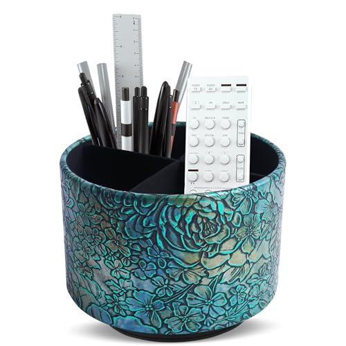 Round Leather Art Supply Organizer,Remote Control Holder,360 Degree Spinning,Multi-Functional Pencil Holder,4 Compartments Desktop Stationary Organizer(1-Rich Flower Green) - color: 1-Rich Flower Green1