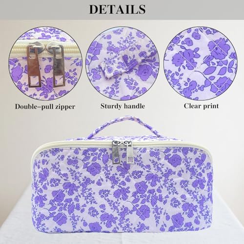 Purple Large Quilted Floral Makeup Bag Cute Coquette Aesthetic Cosmetic Bag Open Flat Travel Toiletry Make up Bag for Women - color: C-lay flat purple