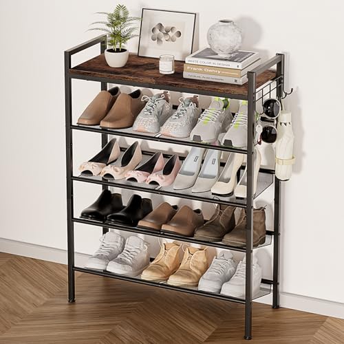 5 Tier Shoe Rack, Shoe Rack for Entryway with Hook, Shoe Organizer with Adjustable Mesh Shelves, Metal Shoe Storage, Closet, Bedroom Living Room Garage - size: 5 Tier