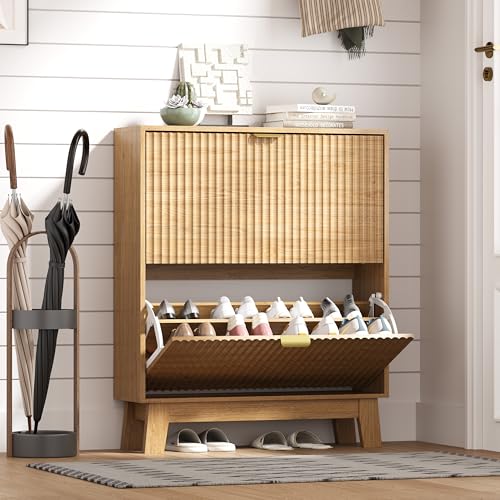 HUANLEGO Shoe Cabinet Storage for Entryway with 2 Flip Drawers, Fluted Narrow Shoe Organizer with Wooden Legs, Freestanding Slim Shoe Storage Hidden Shoe Rack Organizer for Front Door Entrance, Oak - color: Oak, size: 2 Drawer