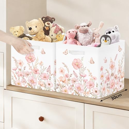 Clastyle 3 pcs 11.8'' Spring Summer Flower Storage Basket for Shelves with Metal Frame Large Butterfly Girl Clothes Toy Book Cube Bin for Bedroom Playroom,Pink - color: Watercolour