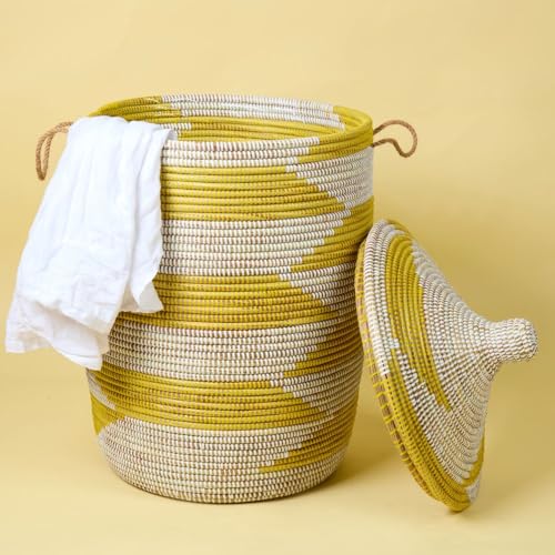 Yellow White Baskets with Lids, Living Room Blankets Storage, Laundry Hamper, Nursery Toys Bin, Decorative, Wicker, Sturdy, Round, Handles, Hooded Lid, Woven (Large) - size: Large