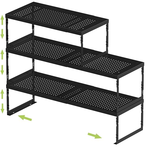 Jojocross Adjustable Stackable Metal Storage Shelf Organizer - Expandable Wire Rack with Perforations for Kitchen, Pantry, Bathroom, Cabinet & Office-Compact, Durable & Sturdy (3PACKS/Large/Black) - color: 3packs/Large/Black, size: Large
