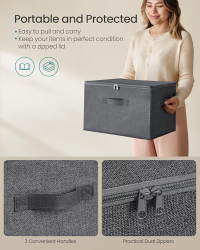SONGMICS Foldable Storage Organizer Boxes, Set of 3 Storage Basket Bins with Lids, Handles, Clothes Organizer, 15.7 x 11.8 x 9.8 Inches, Non-Woven Fabric, Slate Gray URYZB03G - color: Slate Gray, size: 3 Pack (15.7''L x 11.8''W x 9.8''H)