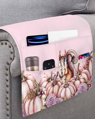 Fall Thanksgiving Remote Control Holder for Bed Recliner Sofa Armrest Organizer, Purple Pumpkin Autumn Flower Botancial Couch Caddy Bedside Storage with 5 Pockets for Magazine/Phone/Cup 19.7"x35" - color: Pumpkinsdy8851, size: 19.7 x 35 Inch