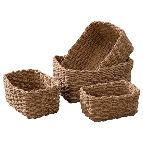 4PCS Woven Storage Baskets Set, Small Baskets for Organizing, Square Handwoven Paper Rope Organizer Bins for Shelves and Home Storage (Brown) - color: Brown