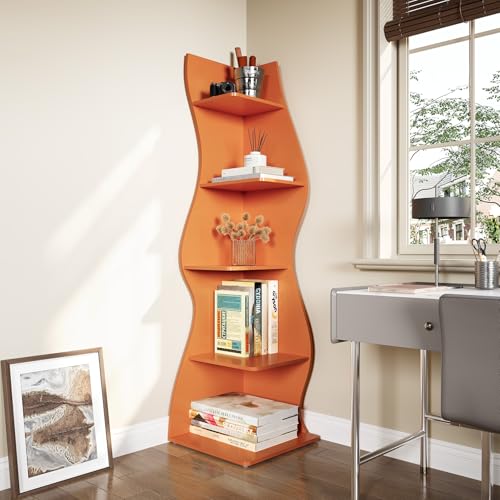 LITTLE TREE Small Corner Shelf, Modern 5-Tier Wall Corner Bookshelf, Stylish Bookcase Storage Rack for Small Space, Living Room, Bedroom, Orange, 2 Pack - color: Orange, size: 2 Pack