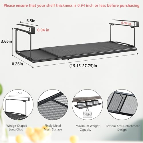 Expandable Under Cabinet Shelf, Extendable Under Shelf Storage with 0.94 Inches Thick Clips for Pantry Cabinet, Laundry Room, Shoe Rack. (Black, 1 Pack, Interior: 3.66" H x 8.26" D) - color: Black-3.66"h X 8.26"d-0.94" Thick Clip, size: 1 Pack