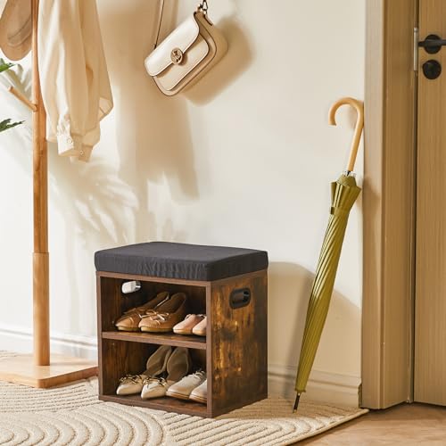 YMYNY Shoe Storage Bench with Cushion, 2 Tier Shoe Rack with Padded Seat, Adjustable Shoe Organizer Cabinet for Entryway, Living Room, Hallway, Closet, 15.4L*11W*16.54H, Rustic Brown, UHBD028H - color: Rustic Brown
