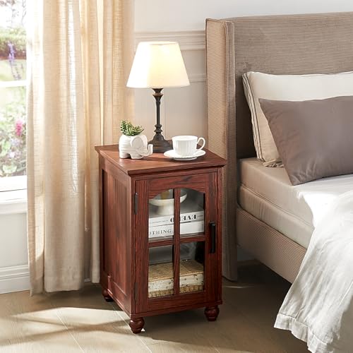 Narrow Side Table,Farmhouse Nightstand with Charging Station,Wood End Table with Glass Barn Door Storage, Cabinet Organizer with Adjustable Shelf, Night Stand for Small Spaces for Living Room Bedroom - color: Red Oak, size: Set 1