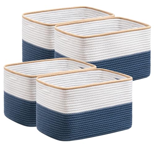 UBBCARE 4 Pack Baskets for Organizing, Woven Storage Baskets for Toys and Towel, Rectangle Cotton Rope Basket with Handles, 14''L x9''W x8''H, Navy Blue - color: White&Navy Blue, size: 4 Pack - 14 X 8 X 9 Inches