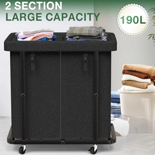 50 Gal(190L) High Grade Large Laundry Basket with Wheels, Rolling Laundry Hamper, Laundry Cart with Metal Frame and Removable Bag Design, Suitable for Laundry Room, Bedroom (Black, 2 Section 190L) - color: Black, size: 2 Section 190L