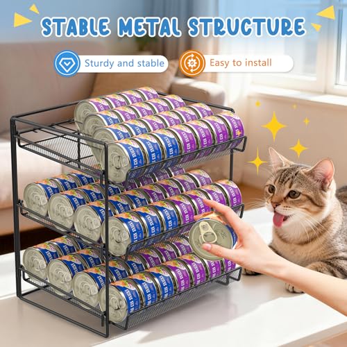 Cat Food Can Organizer, Can Organizer for Pantry, 3-Tier Metal Cat Food Storage Container Holds 84 (3.5oz) Cans，Adjustable Canned Food Organizer and Storage for Counter Kitchen Cabinet (Black, 3 Tier) - size: 3 Tier