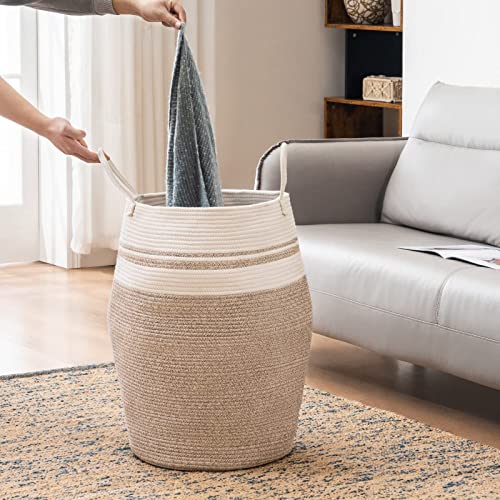 Cotton Rope Laundry Hamper by YOUDENOVA, 105L - Woven Collapsible Laundry Basket - Clothes Storage Basket for Blankets organizing, Bedroom Storage, Clothes Hamper – Brown - color: Brown