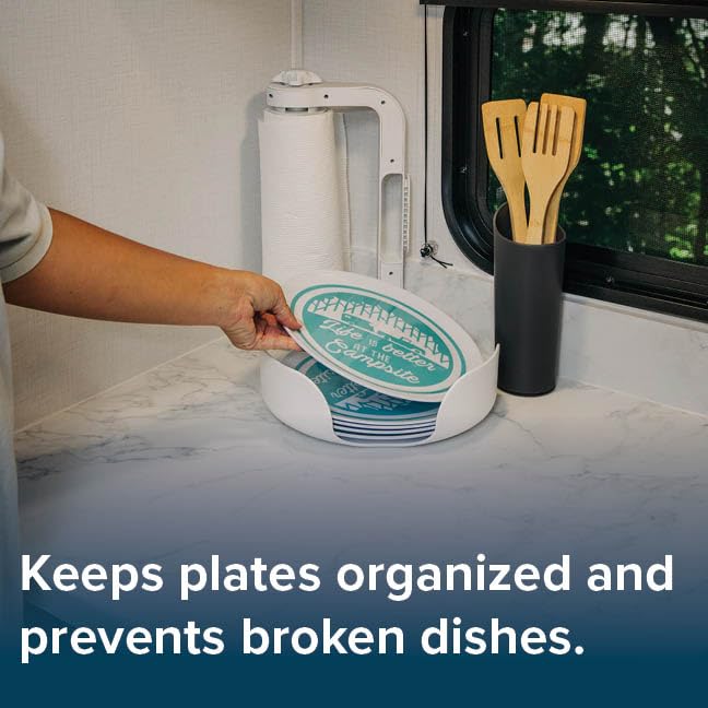 Camco Stack-A-Plate Holder | 2 Different Sizes of Plate Holders | One Plate Holder Fits Plates Up to 7.25” & Other Dish Holder Fits Plates Up to 10.25” | Great for Travel, RV Storage & More (43601)